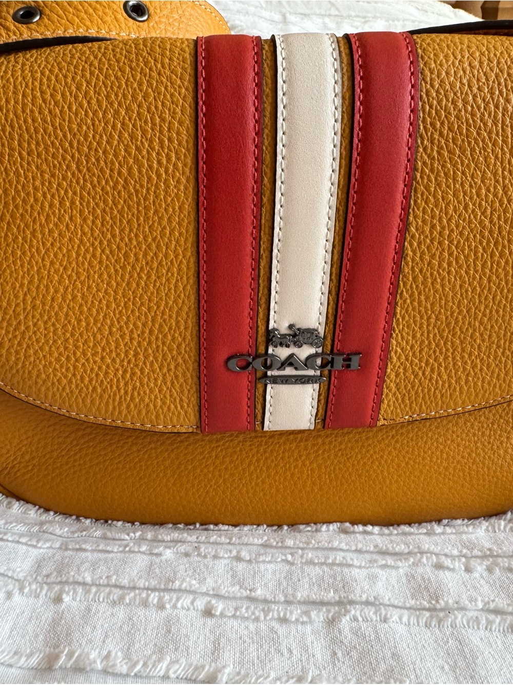 Coach Yellow Leather Shoulder Bag with Red & Cream Stripes